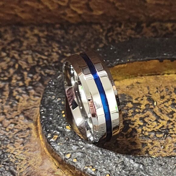 Men's Wedding Ring Band - Silver with Blue Line Center Groove Blue Line Ring - Picture 2 of 5
